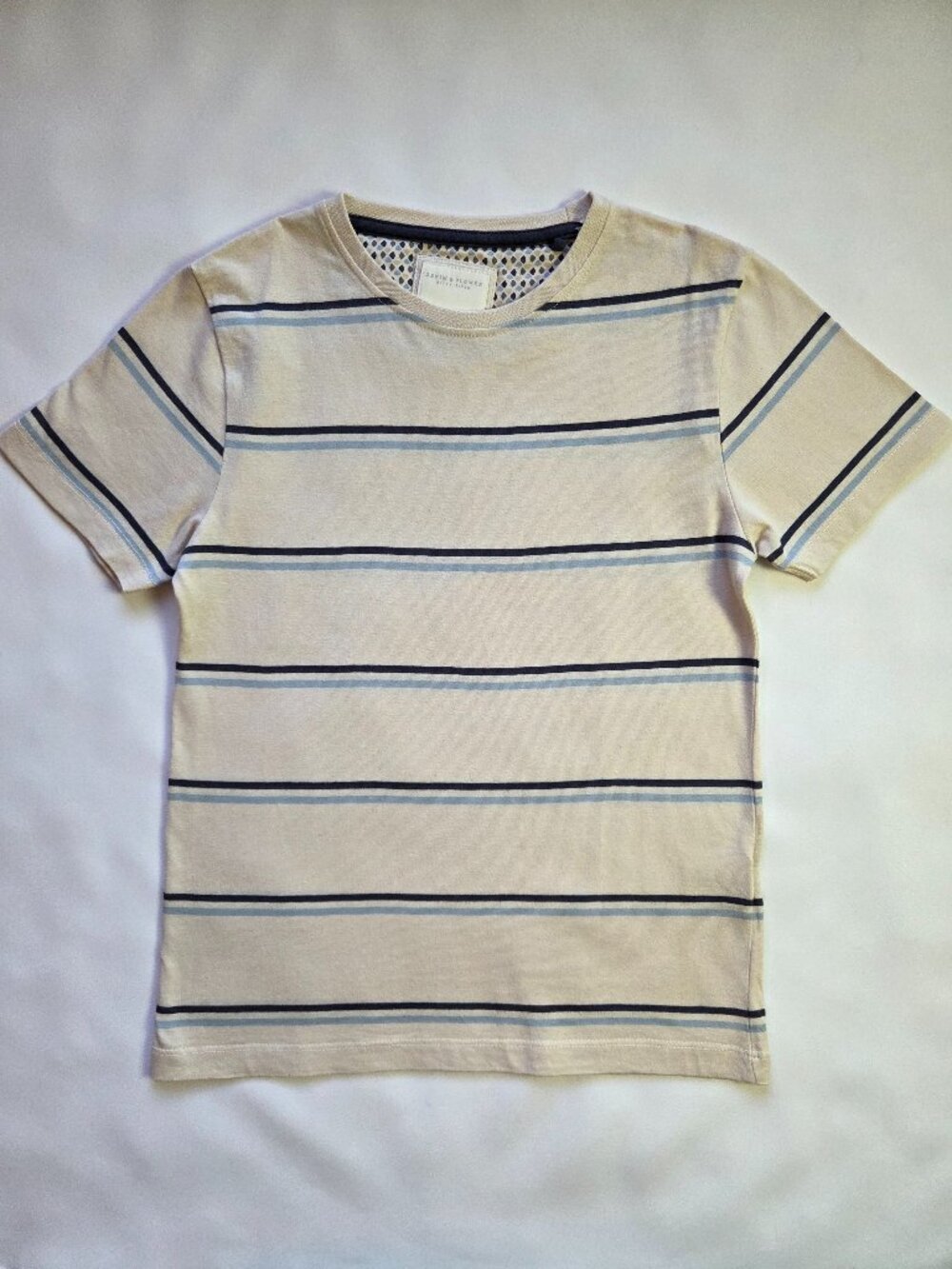 DENIM & FLOWER Boys Stripe T-Shirt(size 8)- Light Beige(Cream)/Blue Stripes